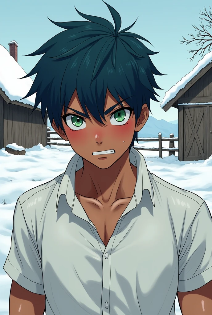 Young dark-skinned boy, dark blue hair, green eyes, muscular, White shirt, sweaty and hot look, snowy background behind with a rustic farm. Strict but blushing look. Manhwa comic drawing style