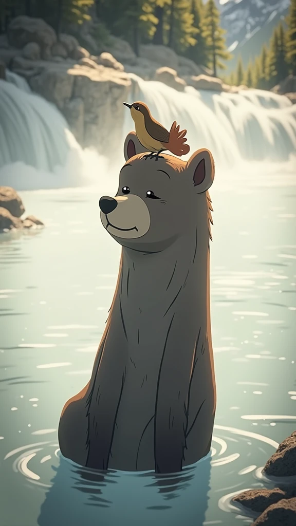A big brown bear is sitting and bathing in a deep river in the summer wilds, a cute beautiful bird perched on his head, very beautiful sparkling water surface, crystal clear water, gravel on the river bottom, beautiful alpine mountains in the distance, realistic photo