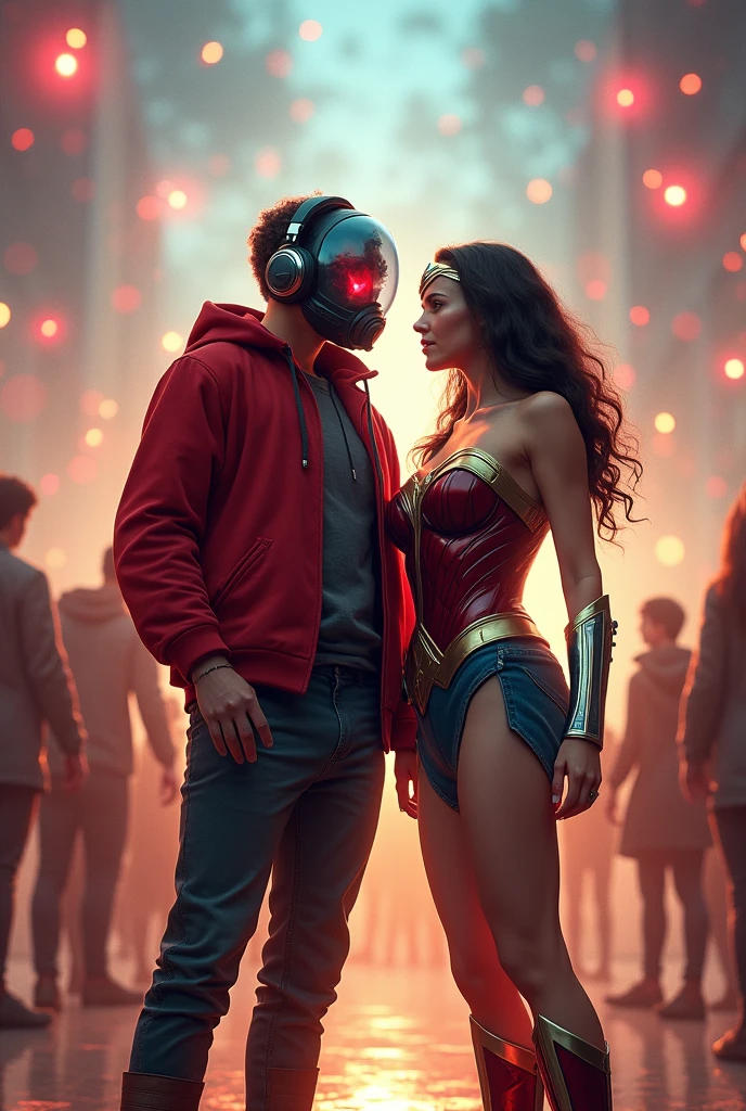 Wonder woman, realistic, big breasts, full body, microphone & Young Star-lord with red hoodie, headphones, Star-lord helmet, rocket boots, gas helmet, covered face, round red eyes, front cover, touching the Dj, party, round eyes, free air, fly in the sky.