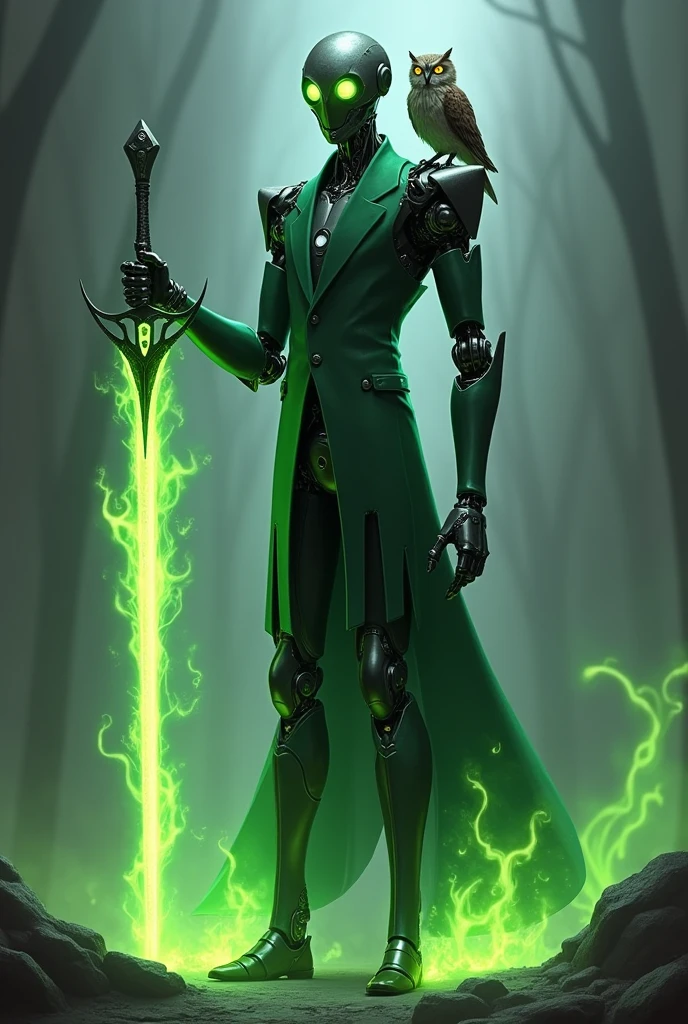 Draw me a tall thin robot with green fiery eyes, a small green flaming owl, and wearing a green tuxedo, he also wields a flaming green sword that extends out of his right arm