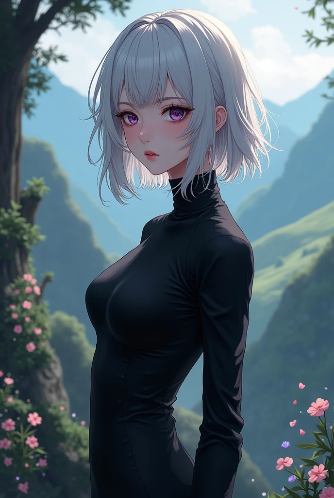 A beautiful 20 year old woman with shoulder length white hair, DARK purple eyes, freckles on her face and fair skin with a slender body and black clothes. Anime traits in medieval times. 
