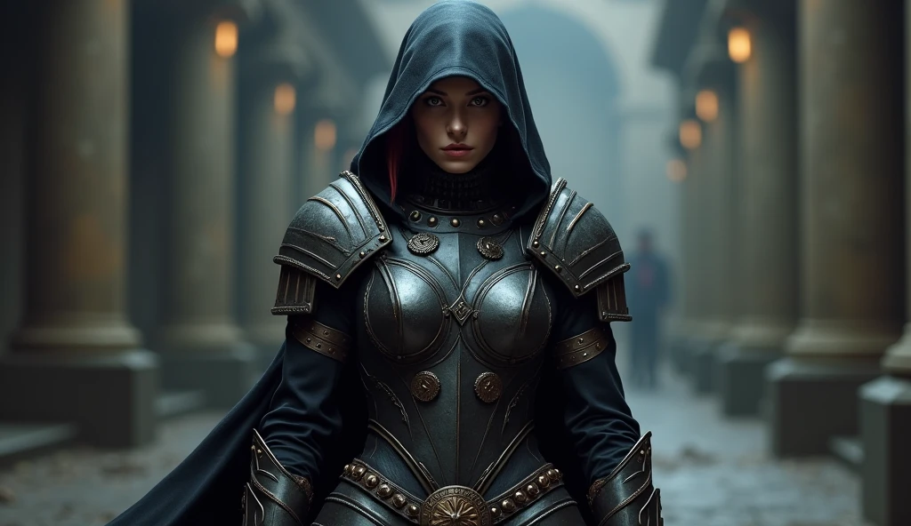 marvel black widow, of medieval armor, grimdark, cos, real colors of the hero