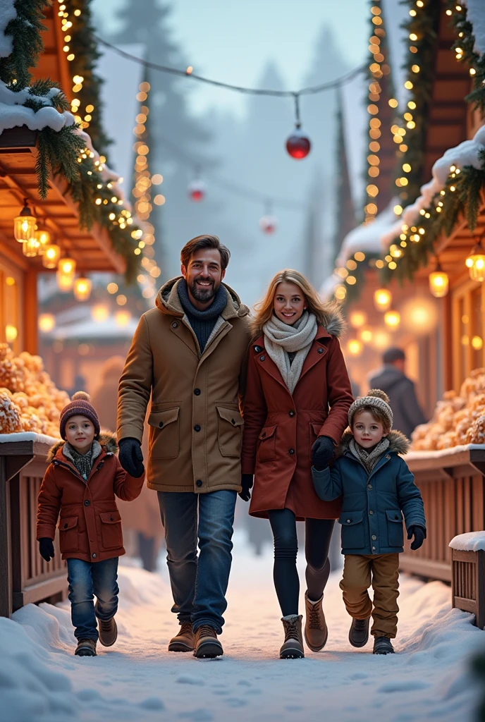 papa, maman et deux petits garçon se baladent sur un marché de Noël de face, avec des décorations de Noël magnifique et de magnifiques chalet, sous la neige, hyper réaliste beauté