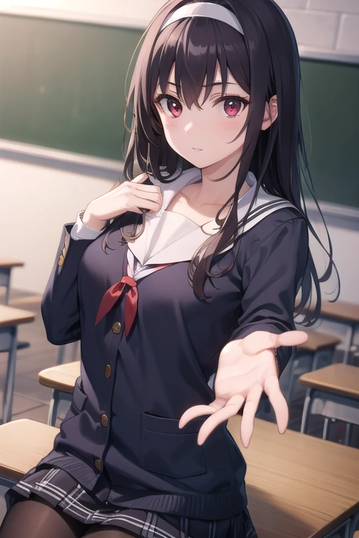 kasumigaokautaha, utaha kasumigaoka, black hair, hairband, long hair, (red eyes:1.5), 
BREAK long sleeves, school uniform, skirt, pantyhose,
BREAK looking at viewer,
BREAK indoors, classroom,
BREAK (masterpiece:1.2), best quality, high resolution, unity 8k wallpaper, (illustration:0.8), (beautiful detailed eyes:1.6), extremely detailed face, perfect lighting, extremely detailed CG, (perfect hands, perfect anatomy),