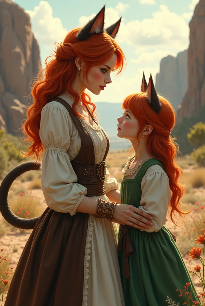 I would like a white woman with red hair and green eyes, who is a half-cat woman with ears and a tail, dressed in typical housewife attire. She should be accompanied by her daughter, who is also a little half-cat girl with red hair. I would like it to be in a mature style, with the art set in a fantasy and RPG style, situated in the Old West.