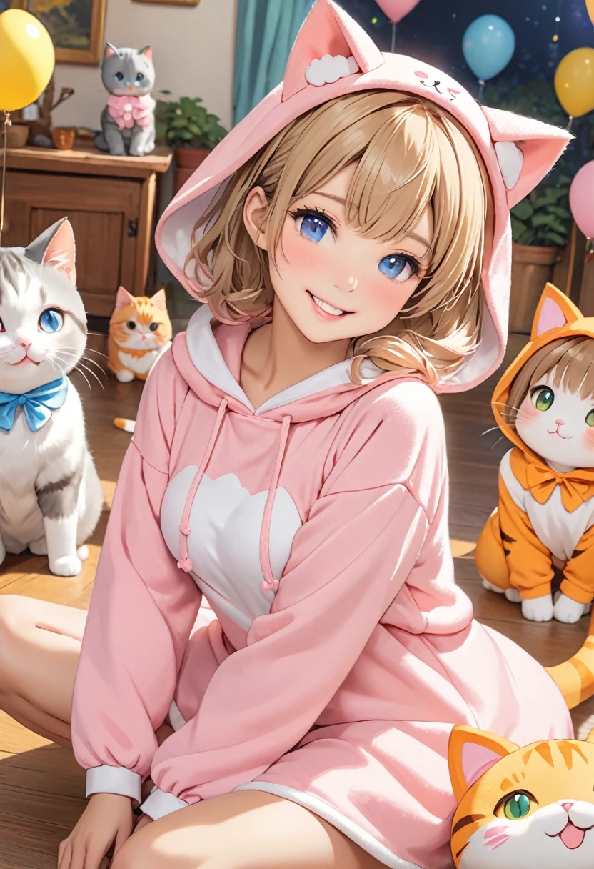 Highest quality、High resolution、Detailed Background、(Beautiful face in every detail:1.4)、Normal number of fingers、Highly detailed face、Detailed eyes、age beauty、Perfect body line、Light color hair、Bobcut、ponytail、Twin tails、cute髪型、An innocent smile、cute仕草、
(A girl playing with her friends in cat costumes, innocent and happy.:1.5)、
The girls wore cute cat ear headbands.、Has a fluffy tail、
The knitted one-piece has a cat's face printed on it, and she is wearing gloves with small paw prints on them.、On her feet, she is wearing green leggings and fluffy slippers.、Just like a real kitten、Running around energetically、Lounging around at home、Basking in the sun by the window、「Nya」"、Pretending to lick a plate of snacks、The way he relaxes just like a real cat、So cute、It's filled with a happy atmosphere、The girls were playing enthusiastically.、It's a sight that will make you smile.、cute