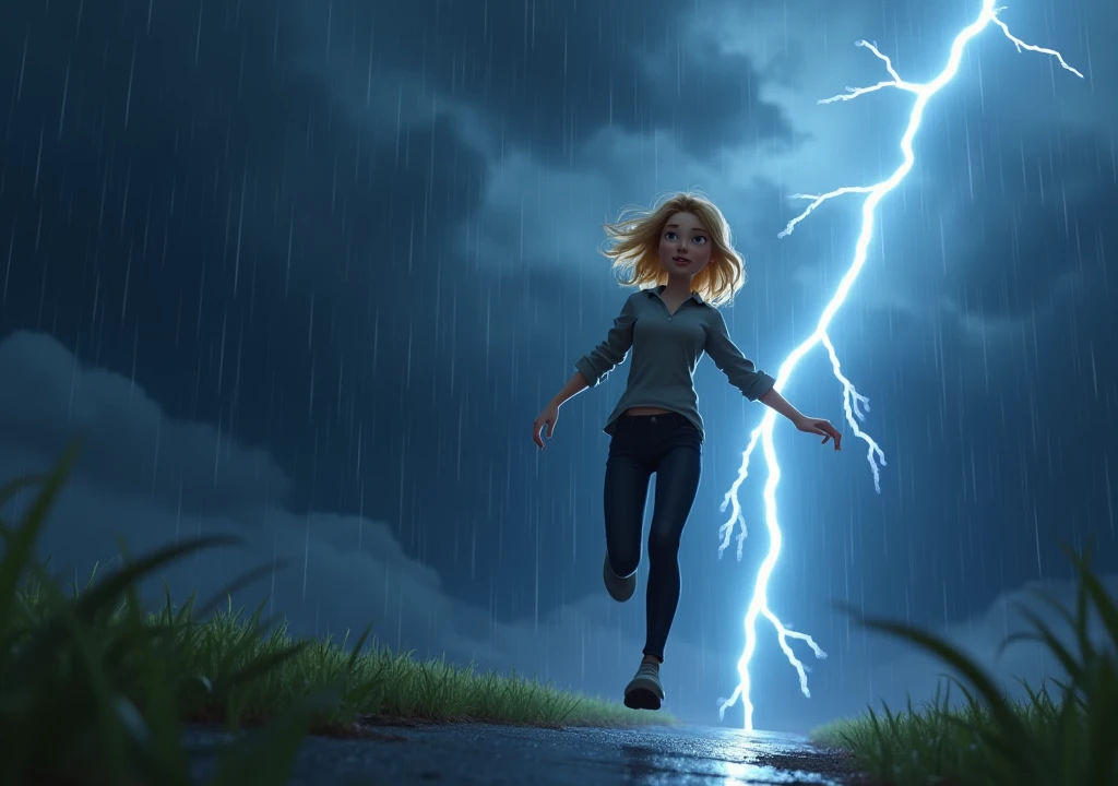 A blonde teenager in a gray blouse and black pants running away from a lightning bolt that strikes next to her, She's amazed, scared and jumping, the sky is covered with clouds in a rainy weather full of lightning, I want the scene to be dramatic and suspenseful, it&#39;s night, disney pixar style 3d.