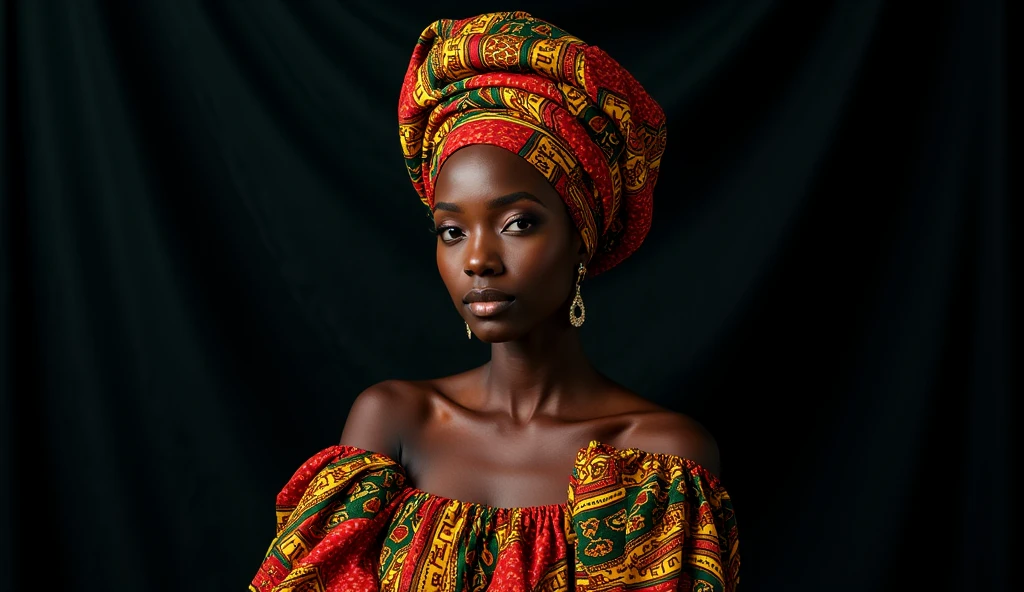 Black woman wearing a turban with an African print, with a 4 meter black fabric in the background, as if it were a photo studio