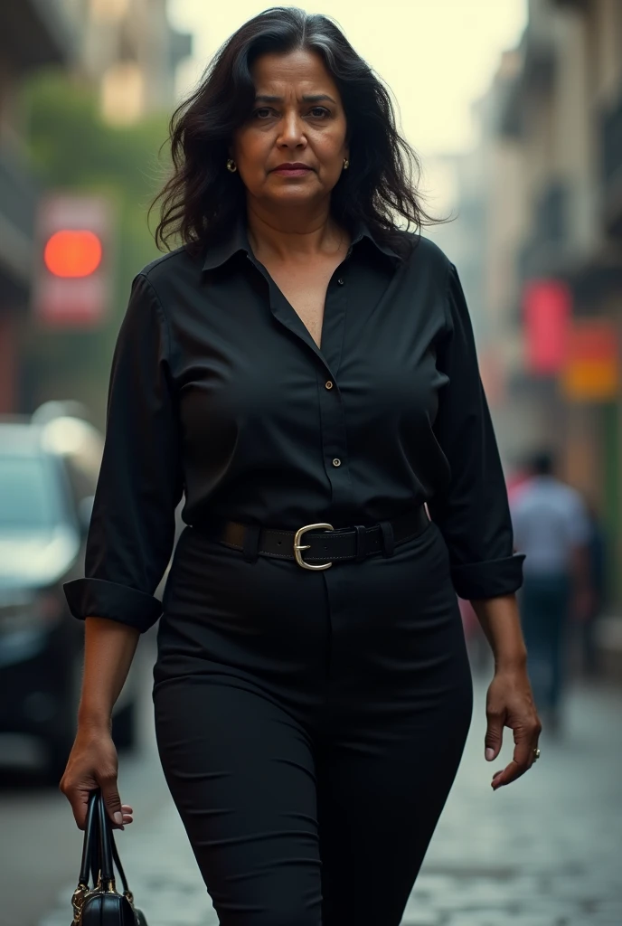 Hot indian big aunty wearing tight black shirt and pant, as she is secret detactive walking towards police station