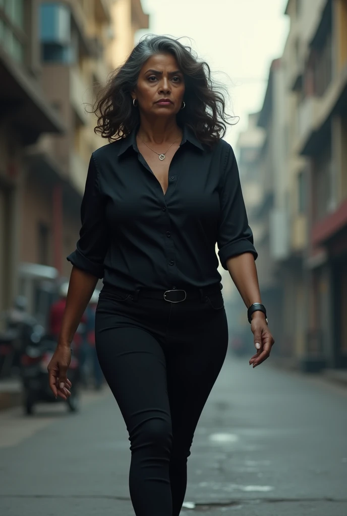 Hot indian big aunty wearing tight black shirt and pant, as she is secret detactive walking towards police station 
