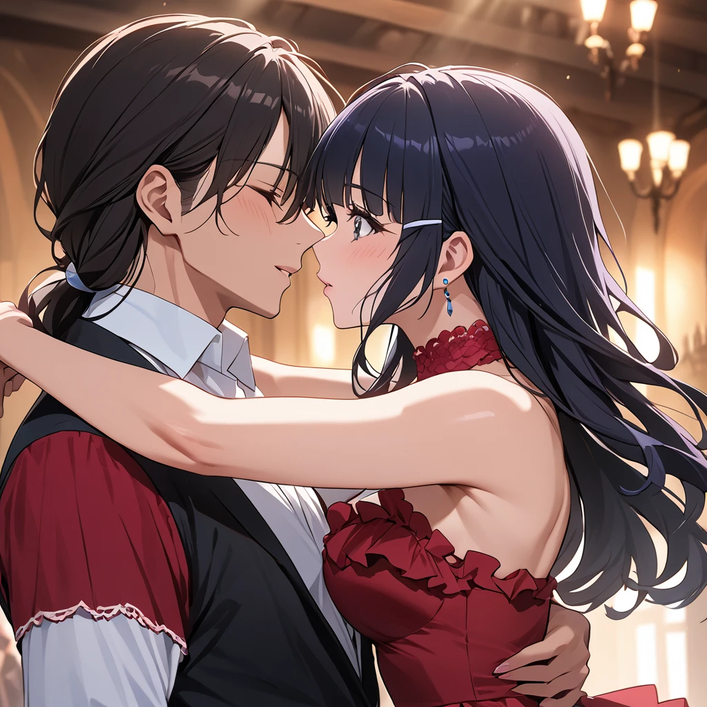 ((Highest quality)), ((masterpiece)), (detailed), （Perfect Face）、The woman is Aoki Reika, Spanish, with semi-long hair.、Woman in flamenco dress dancing passionately flamenco in Spain kissing man