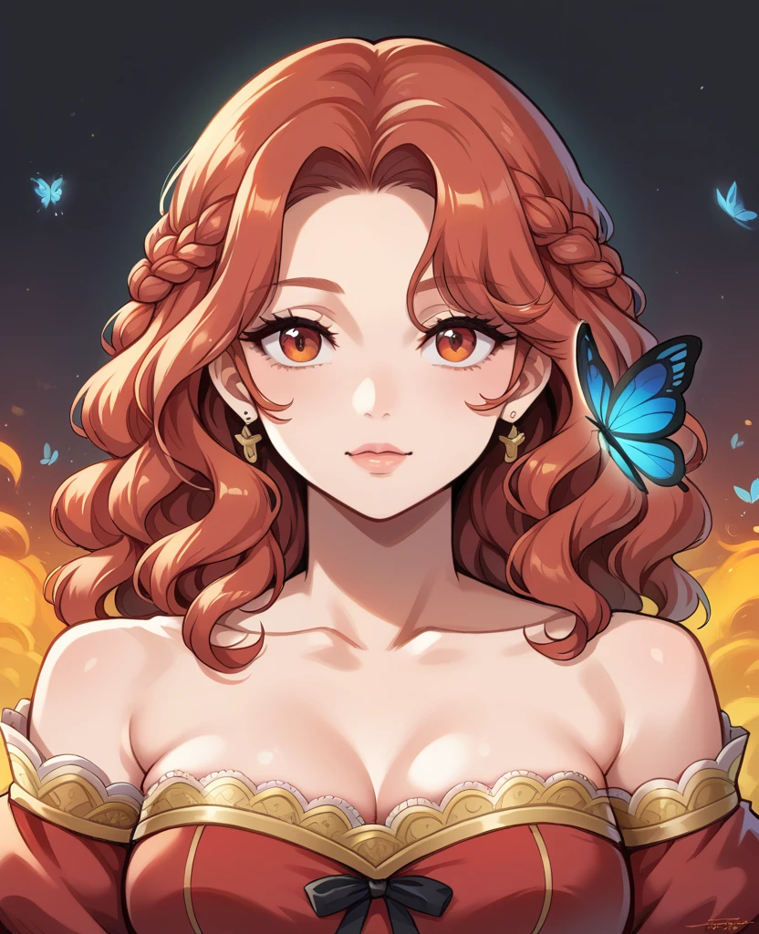 A close-up realistic and artistic portrait painting of a fairy she has a long vibrant sky orange fire wavy hair styled in loose curls with bangs framing her forehead, sexy rasgada roupas decote sensual adorned with a black floral bow, serene and contemplative expression, next to her right eye there is a small detailed butterfly wing tattoo, featuring intricate black and gold patterns with sparkling accents and fine lines resembling veins, The tattoo, consists of delicate black lines forming the wings, with small white dots representing scales. Small white decorative elements resembling flowers, arrows, or tiny branches extend from the wings, creating a sense of depth, wearing a red dress with off-the-shoulder sleeves featuring white lace trim and ruffles with intricate designs, A ribbon is tied into a bow at the center front of the dress, which has a deep V-neckline., Her expression is calm and gentle The scene is set in an elegant room with walls and a matching curtain featuring subtle butterfly design, The lighting is soft and even, highlighting the subject's facial ,The overall composition is centered and balanced, creating a whimsical, enchanting, and inviting mood, 8k, photorealistic, trending on ArtStation .by Galr Dfh