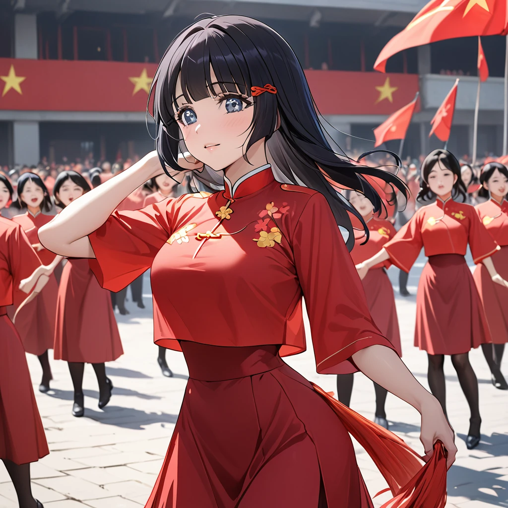 ((Highest quality)), ((masterpiece)), (detailed), （Perfect Face）、The woman is Aoki Reika, has medium-long hair and is a member of the Chinese Communist Party.、A woman wears a Chinese Communist Party folk dance costume and performs Chinese folk dance for China with female members at a Communist Party rally.