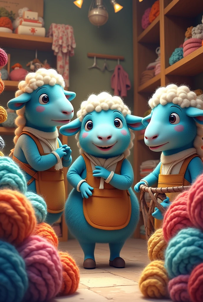Three cute cartoon blue sheep shopkeeps standing on their woolen products shop dealing with two old ladies