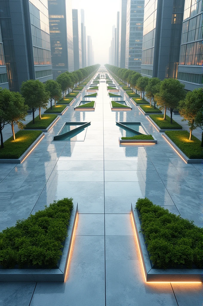 Create a 10,000 m2 trapesoidal square with planters and a modern futuristic style