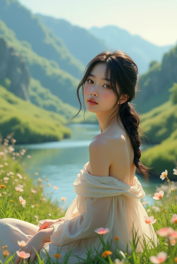 Japens girl sit in valley with off shoulder topreally realistic age 25