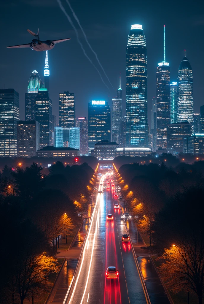 Frankfurt am Main at night, the skyline lights up and fighter jets fly in the sky