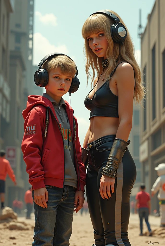 Taylor Swift, realistic, big breasts, full body & Youg boy with red hoodie, headphones, Star-lord helmet, rocket boots, gas helmet, covered mouth, round red eyes, front cover