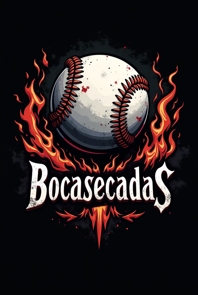 Baseball logo that intimidates with the name of the Bocasecadas baseball team, with a baseball, a beer and fire around black background