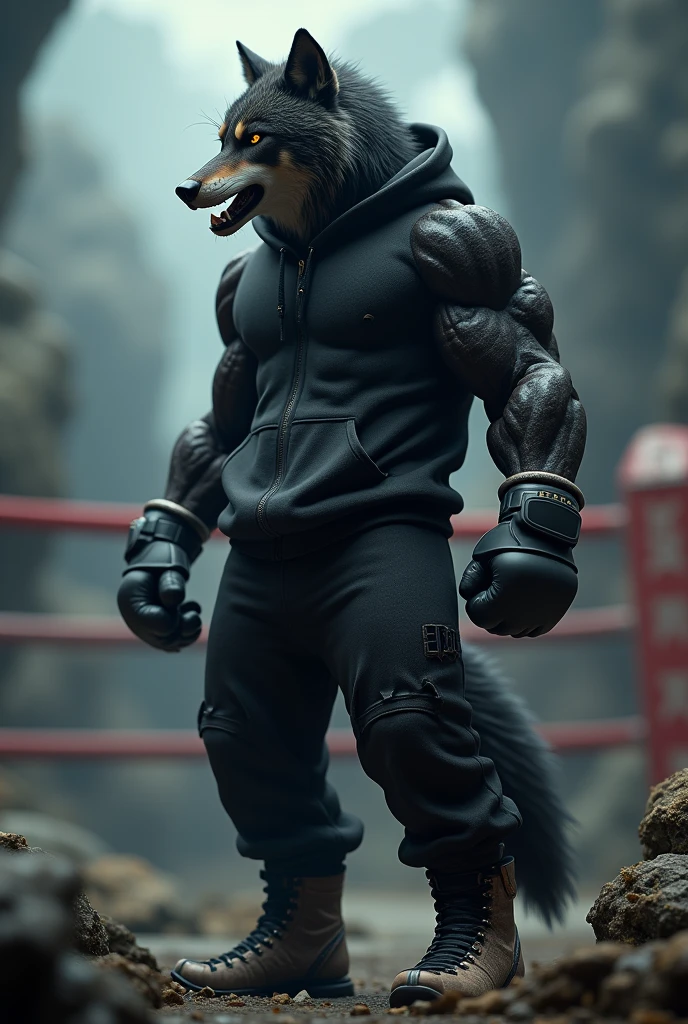 Design a wolf with the black ROMA alternate jogger, imposing, strong, dinga image and special as a cover photo as for a vs. Surreal image, professional 3d looking sideways as if for a versus for an alpha wolf boxing portal