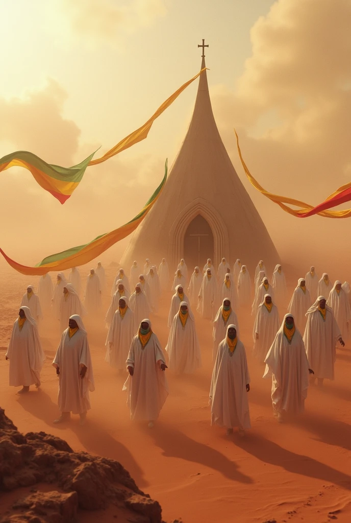 Create a photorealistic image of an Ethiopian Orthodox church on Mars ,large number of prayers wearing white cottonn clothes, the prayers stay on air only,the scene like dune film,dust storm, green,yellow and red fabric hanging over the prayers waving,add Ethiopian flag strip on their cloth.