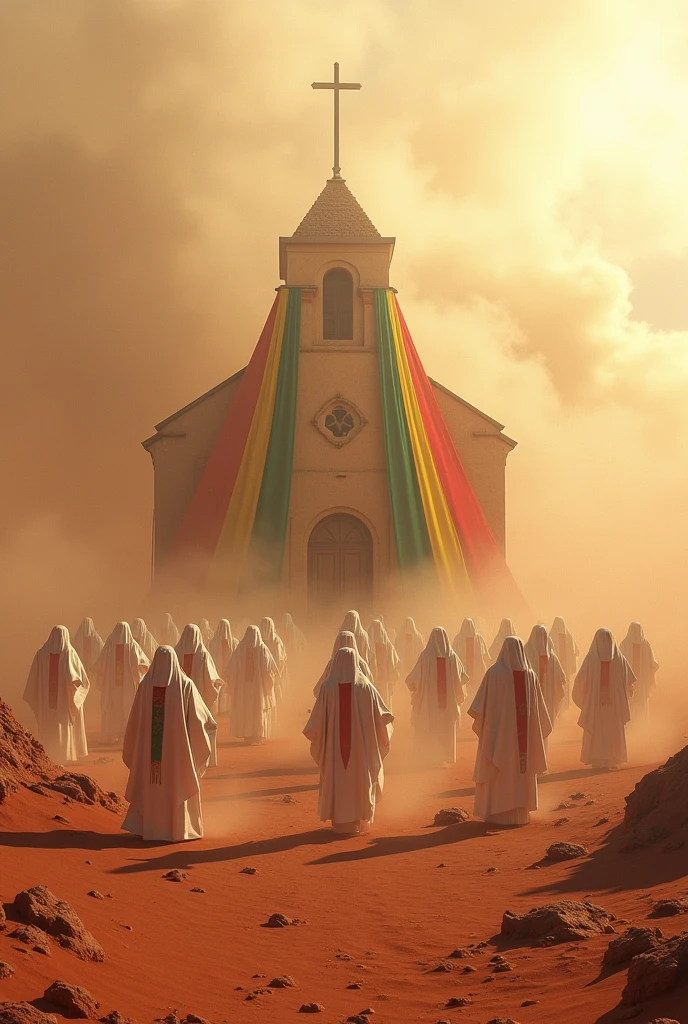 Create a photorealistic image of an Ethiopian  Orthodox church on Mars ,large number of prayers wearing white cottonn clothes, the prayers stay on air only,the scene like dune film,dust storm, green,yellow and red fabric hanging over the prayers  waving,add Ethiopian flag strip on their cloth.