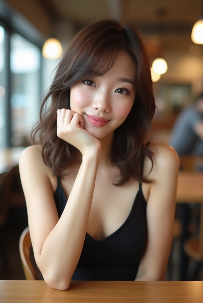 Photorealistic of beautiful Japanese , photo of Japanese famous fashion model girl, brown hair, private, (alone), (Slender:1.2), (black camisole:1.3), cafe, smiling, resting chin on hand.Do not blur the background