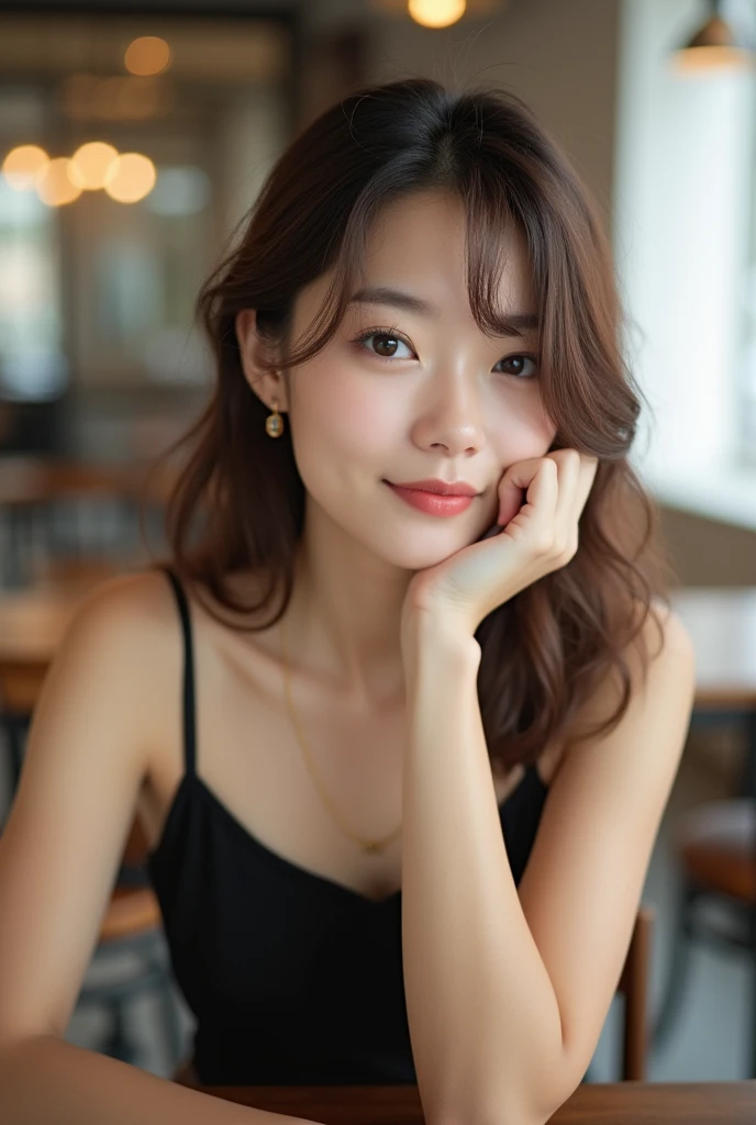 Photorealistic of beautiful Japanese , photo of Japanese famous fashion model girl, brown hair, private, (alone), (Slender:1.2), (black camisole:1.3), cafe, smiling, resting chin on hand.Do not blur the background