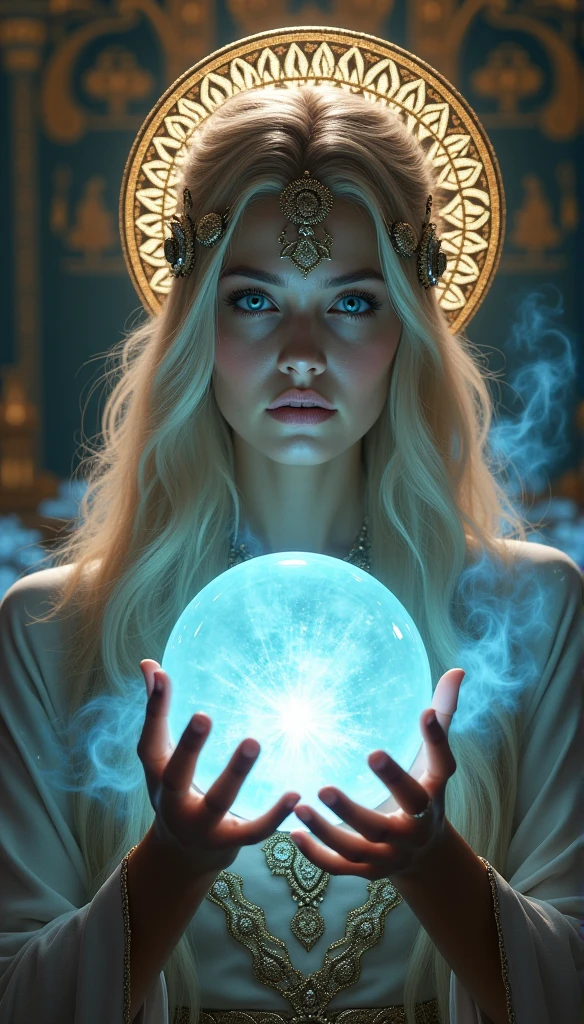 Nordic Goddess,I'm looking forward to seeing a close-up of it with the halo on., Magic crystal ball in hand, Casting a Spell, Highest quality, 4K resolution, Perfect Face, In a luxurious palace, Hyperrealistic art)