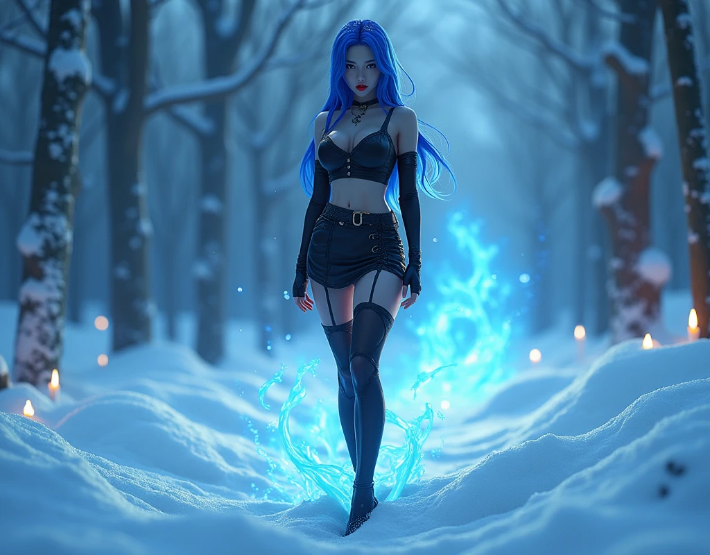 3D, magic, very hot and sexy, jaw-dropping beauty, perfect proportions, beautiful body, slim body beauty:1.4), Chinese 3D, A girl stands in the snow at night, wearing a Black, Tight shirt, mini skirt, skirt, long skirt l, Effect of blue water flowing in the air, tattoo, blue hair, red lip, Stockings, high heel, long hair, realistic 