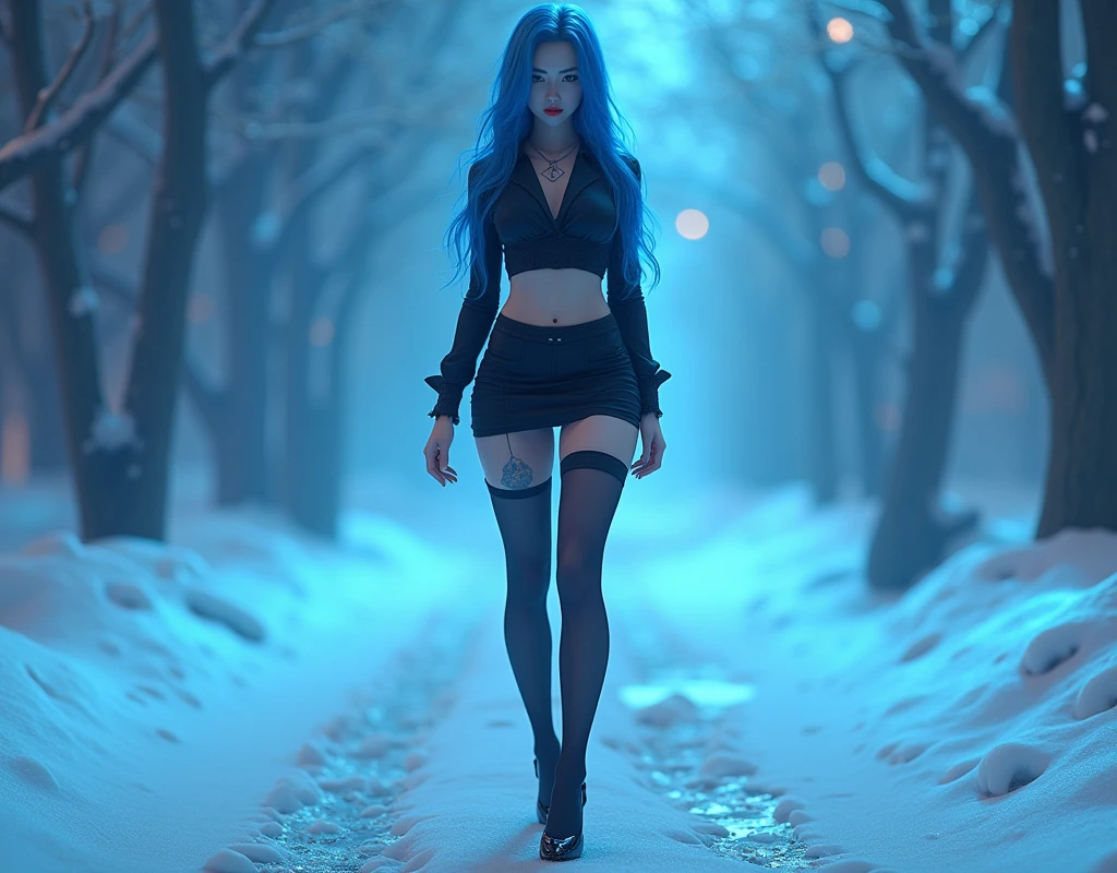 3D, magic, very hot and sexy, jaw-dropping beauty, perfect proportions, beautiful body, slim body beauty:1.4), Chinese 3D, A girl stands in the snow at night, wearing a Black, Tight shirt, mini skirt, skirt, long skirt l, Effect of blue water flowing in the air, tattoo, blue hair, red lip, Stockings, high heel, long hair, realistic 