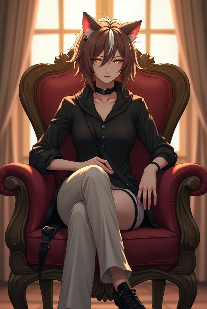 androgynous, beautiful, half human, half guinea pig, sitting on a throne, lasts, black buttoned shirt, white pants, black strap, black shoe, brown hair and white streak, interior, Soft lighting, spy painting pictures, window with sunlight, cozy room, relaxed pose, docile and noble, Seductive, cute, SERIOUS LOOK, vtuber and anime details