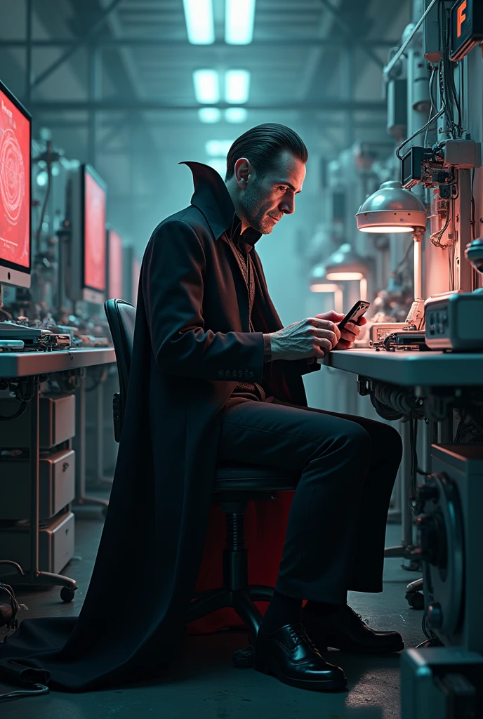 A huge mobile phone maintenance center equipped with modern equipment, and Dracula sits on the chair and maintains the iPhone