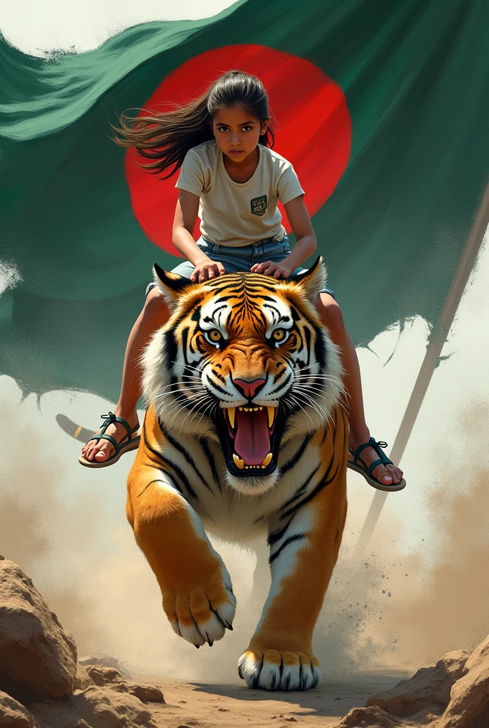 A girl is sitting on the body of a tiger with the flag of Bangladesh and the angry tiger is running and Bangladesh Joy is written there