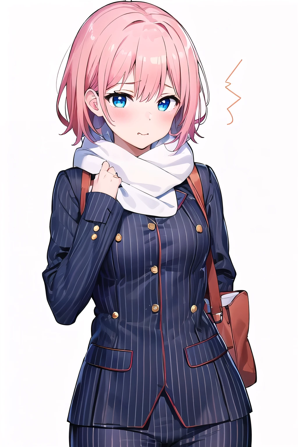 girl,boyish, very short hair, pink Hair, medium Breasts, winter clothing ,Cowboy Shot,blush,sexy face,blue eyes,clearly,Striped pattern, (white background:1.3), (猫を撫でている:1.3)