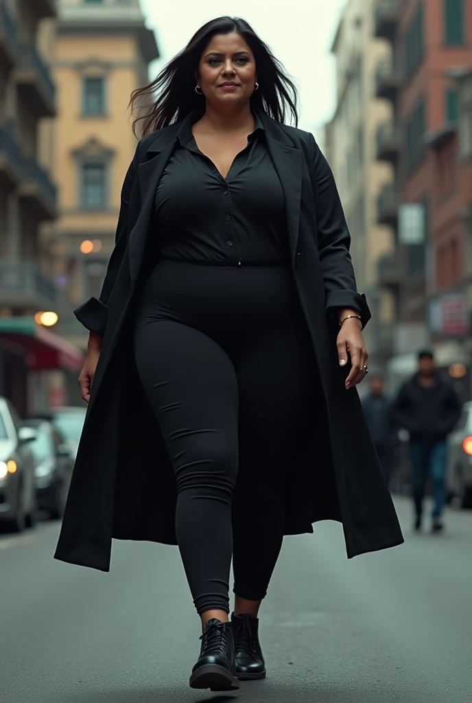 Hot indian big aunty wearing tight black shirt and pant, as she is secret detactive walking towards police station. She has hourglass thick and monster curvy body