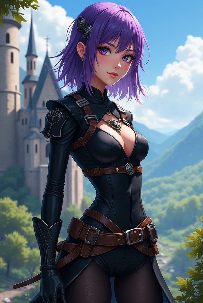 A beautiful 20 year old woman with shoulder length purple hair, eyes black, freckles on her face and fair skin with a slender body and black adventurer outfit. Anime traits in medieval times.