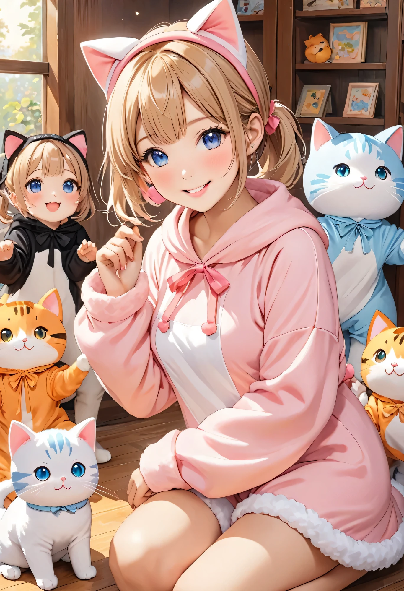 Highest quality、High resolution、Detailed Background、(Beautiful face in every detail:1.4)、Normal number of fingers、Highly detailed face、Detailed eyes、Teenage beauty、Perfect body line、Light color hair、Bobcut、ponytail、Twin tails、cute hairstyle、An innocent smile、Cute gestures、
(A girl playing with her friends in cat costumes, innocent and happy.:1.5)、
The girls wore cute cat ear headbands.、Has a fluffy tail、
The knitted one-piece has a cat's face printed on it, and she is wearing gloves with small paw prints on them.、On her feet, she is wearing green leggings and fluffy slippers.、Just like a real kitten、Running around energetically、Lounging around at home、Basking in the sun by the window、「Her」"、Pretending to lick a plate of snacks、The way he relaxes just like a real cat、So cute、It's filled with a happy atmosphere、The girls were playing enthusiastically.、It's a sight that will make you smile.、cute