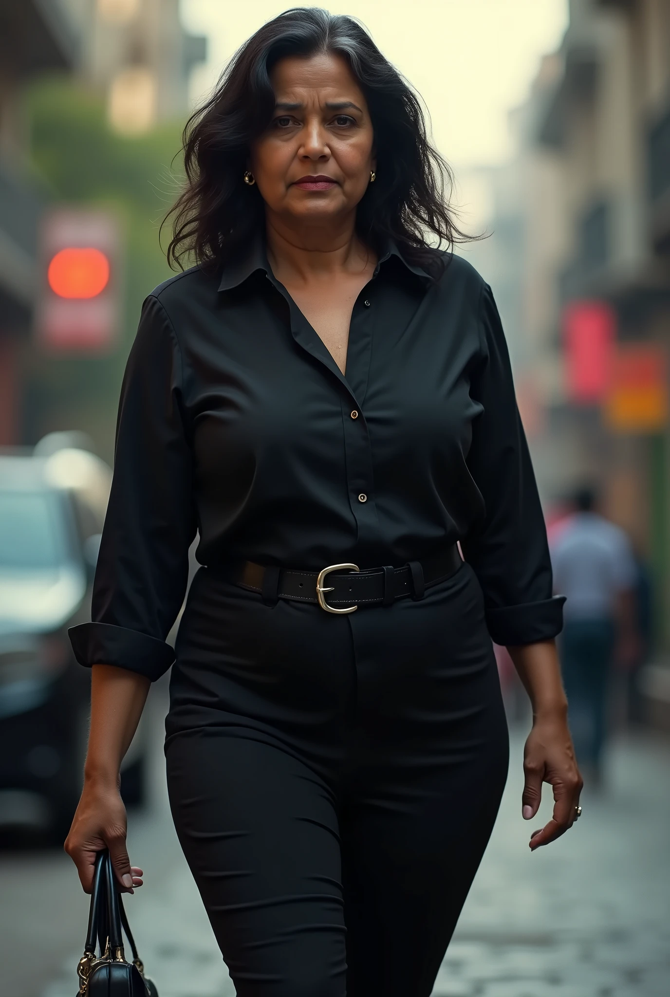 Hot indian big aunty wearing tight black shirt and pant, as she is secret detactive walking towards police station