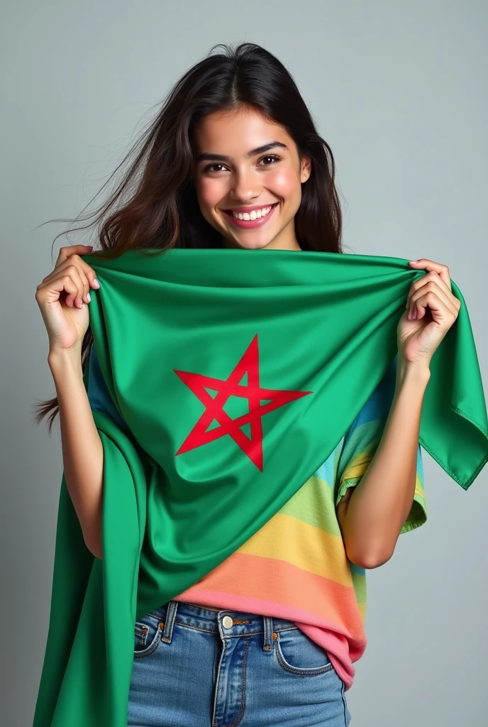 Young woman with black hair, wearing a beautiful summer t-shirt, and a green scarf with the Moroccan flag on it . She holds the scarf over her face and smiles.. Light gray background. She looks proud of her country.. 