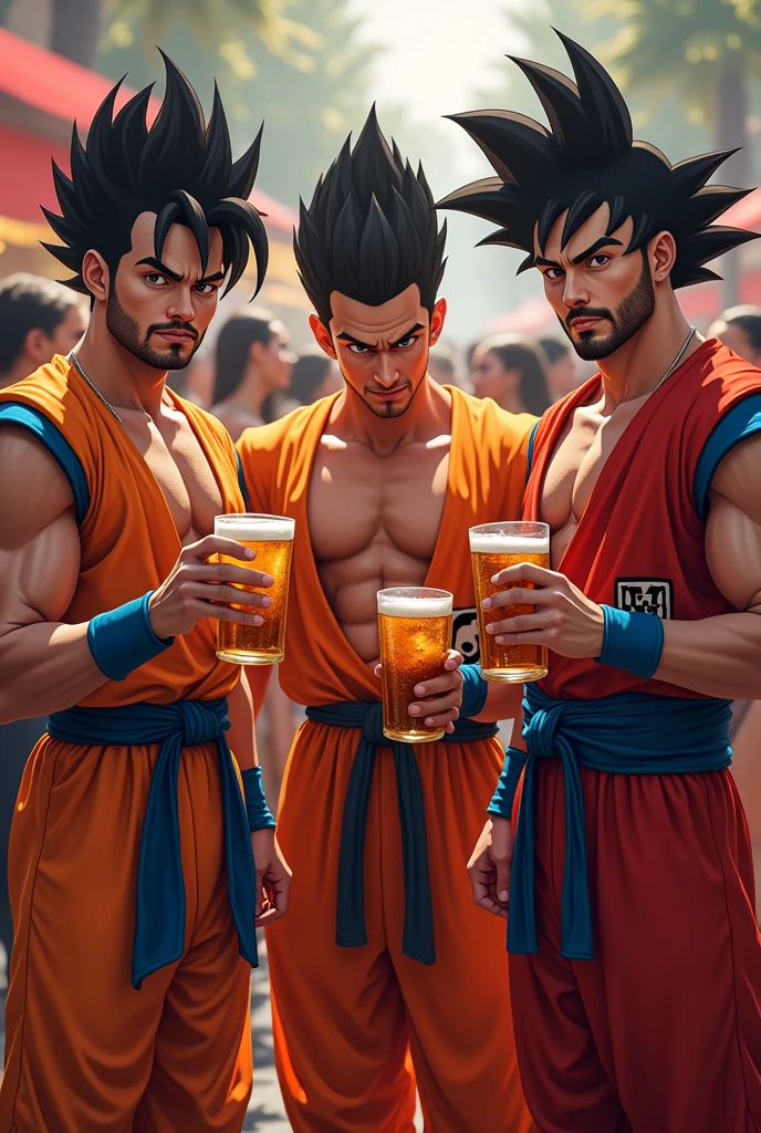 3 Latino men dressed in Dragon Ball Z clothing drinking beer and surrounded by beautiful women