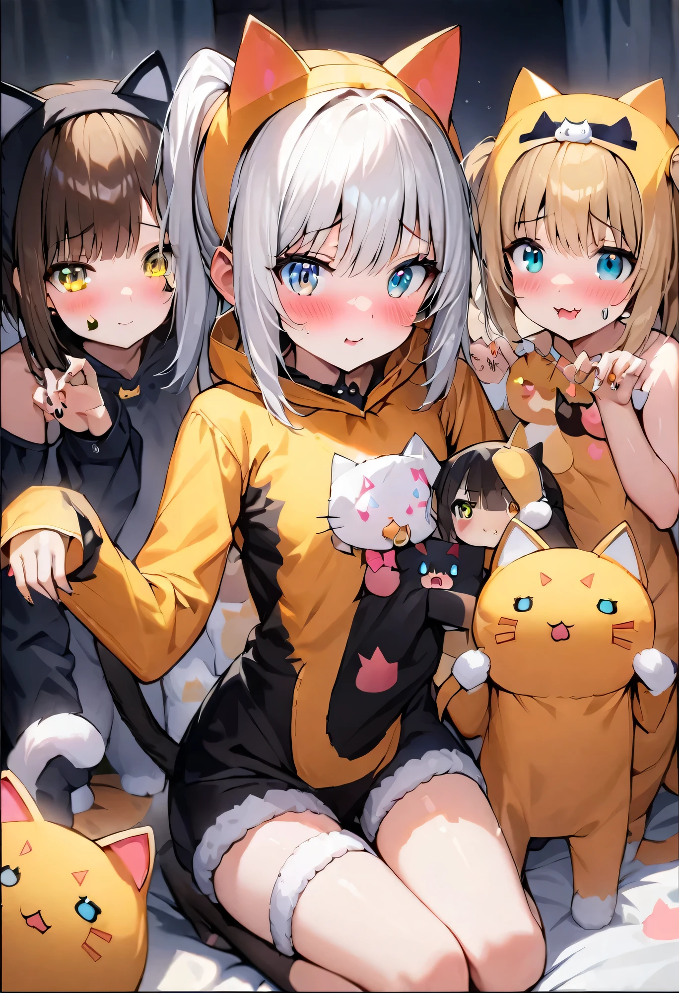 Highest quality、High resolution、Detailed Background、(Beautiful face in every detail:1.4)、Normal number of fingers、Highly detailed face、Detailed eyes、age beauty、Perfect body line、Light color hair、Bobcut、ponytail、Twin tails、cute hairstyle、An innocent smile、Cute gestures、
(A girl playing with her friends in cat costumes, innocent and happy.:1.5)、
The girls wore cute cat ear headbands.、Has a fluffy tail、
The knitted one-piece has a cat's face printed on it, and she is wearing gloves with small paw prints on them.、On her feet, she is wearing green leggings and fluffy slippers.、Just like a real kitten、Running around energetically、Lounging around at home、Basking in the sun by the window、「Her」"、Pretending to lick a plate of snacks、The way he relaxes just like a real cat、So cute、It's filled with a happy atmosphere、The girls were playing enthusiastically.、It's a sight that will make you smile.、cute