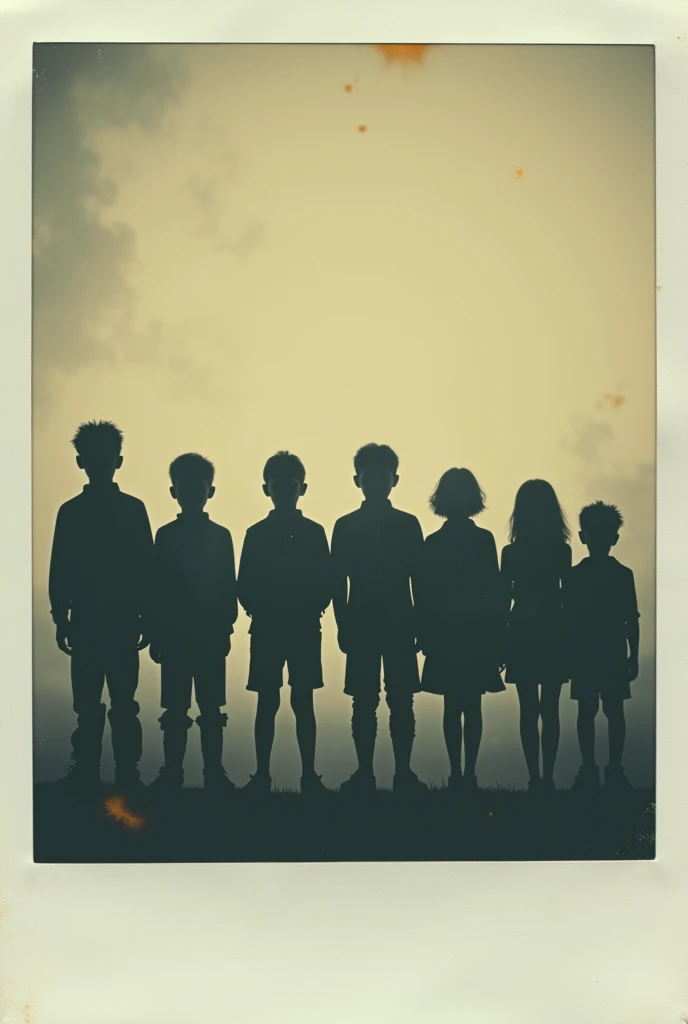 Create a vintage Polaroid photo featuring the shadows of seven boys and one girl standing side by side. The photo has a mysterious atmosphere, with the shadows cast in a way that suggests an eerie, hidden story. The edges of the photo are slightly worn and faded, emphasizing its age and the enigmatic scene captured within.