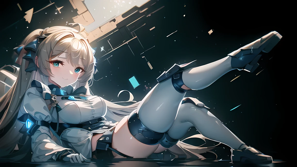 masterpiece, intricate detail, anime girl laying on the ground with her legs crossed, smiling, azur lane style, from the azur lane videogame, best anime 4k konachan wallpaper, from arknights, trending on artstation pixiv, from girls frontline, top rated on pixiv, characters from azur lane, digital art on pixiv, fully robotic!! 