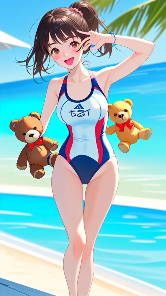 Sporty swimsuit and cute teddy bear Southern island resort Fun summer Full of energy