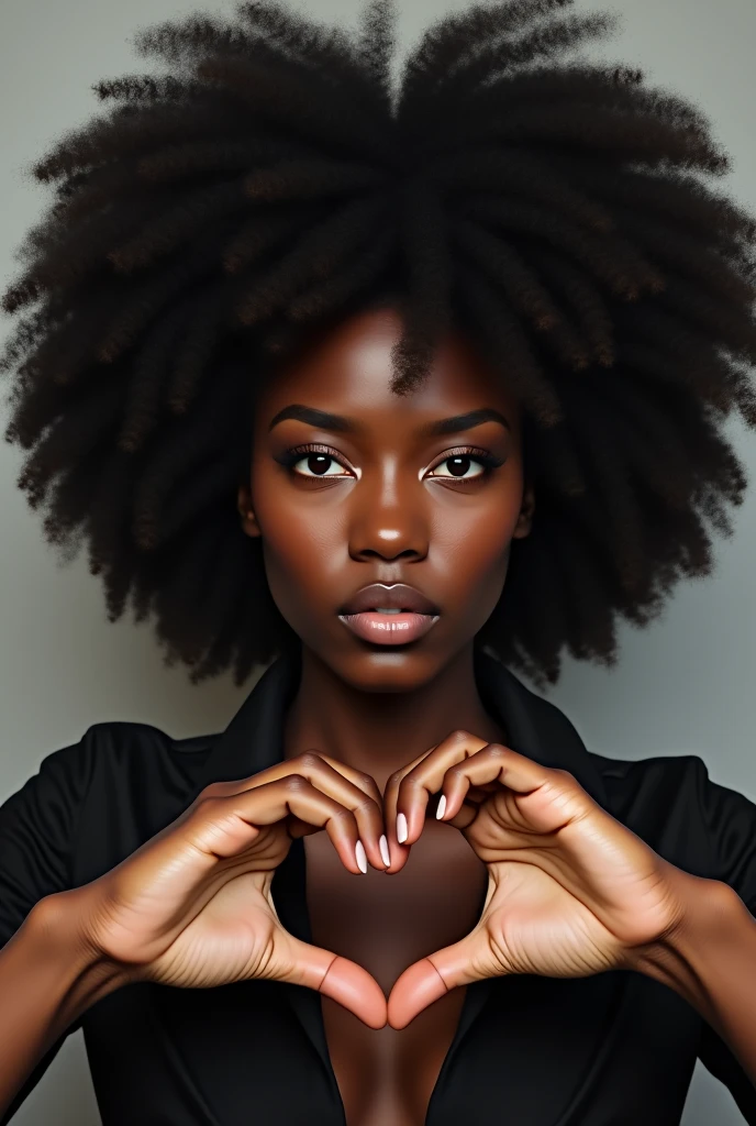 a black woman,dark-eyed, big black hair, making heart with the hand