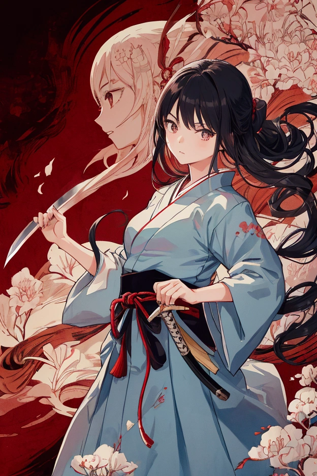 Japanese girl, casual clothes, fighting, holding a sword, behind the girl, countless small and evil ghosts fill the screen, Ogure Ito-style drawing, digital illustration, delicate drawing, beautiful hair, masterpiece