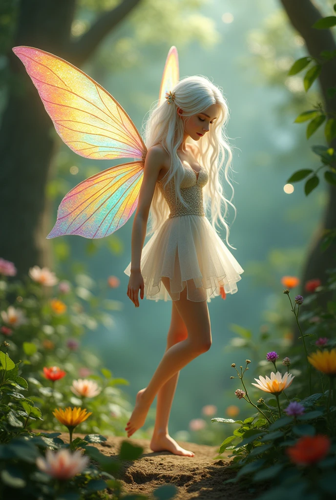 Create me a slim fairy with freckles, white hair with wavy, colored tips and rainbow-colored wings