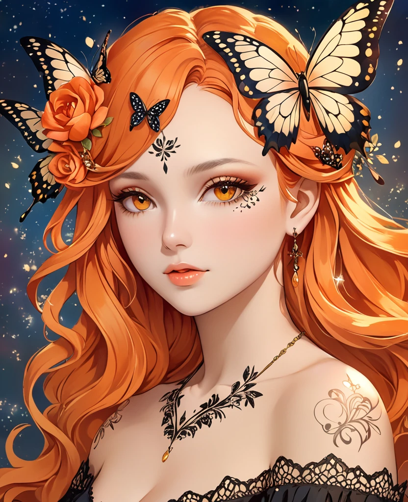 A close-up realistic and artistic portrait painting of a fairy she has a long vibrant sky orange fire wavy hair styled in loose curls with bangs framing her forehead, sexy rasgada roupas decote sensual adorned with a black floral bow, serene and contemplative expression, next to her right eye there is a small detailed butterfly wing tattoo, featuring intricate black and gold patterns with sparkling accents and fine lines resembling veins, The tattoo, consists of delicate black lines forming the wings, with small white dots representing scales. Small white decorative elements resembling flowers, arrows, or tiny branches extend from the wings, creating a sense of depth, wearing a red dress with off-the-shoulder sleeves featuring white lace trim and ruffles with intricate designs, A ribbon is tied into a bow at the center front of the dress, which has a deep V-neckline., Her expression is calm and gentle The scene is set in an elegant room with walls and a matching curtain featuring subtle butterfly design, The lighting is soft and even, highlighting the subject's facial ,The overall composition is centered and balanced, creating a whimsical, enchanting, and inviting mood, 8k, photorealistic, trending on ArtStation .by Galr Dfh