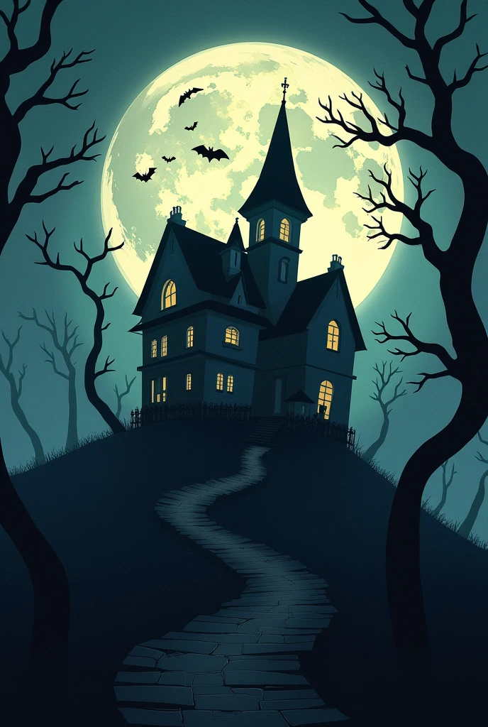A spooky, old mansion with crooked windows and crumbling walls, standing eerily on a hilltop. The mansion is surrounded by twisted, leafless trees with long, gnarled branches reaching out into the night. In the background, a large, glowing full moon casts an eerie light over the scene, illuminating a swarm of bats flying across the sky. The overall atmosphere is dark and mysterious, with shadows adding depth and a sense of foreboding.